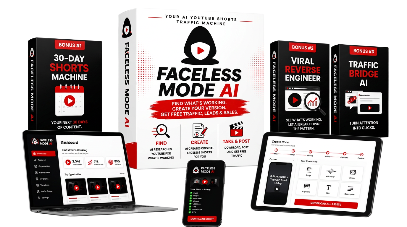 Faceless Mode AI™ product mockup — software box, dashboard, mobile, laptop, tablet and guide